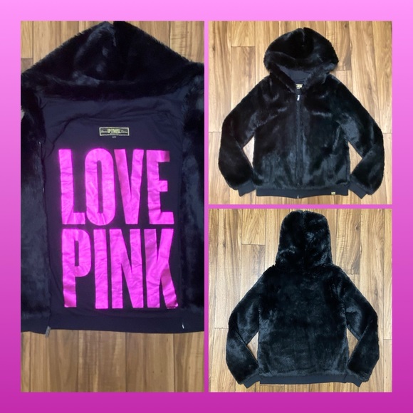 PINK Victoria's Secret Jackets & Blazers - PINK VS BLACK FUR FULL ZIP HOODIE JACKET